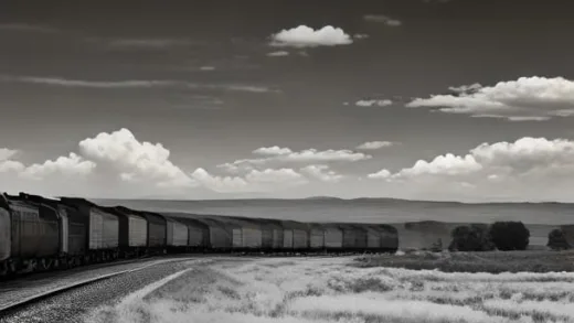 A vintage American freight train crossing vast plains with a 19th century railroad construction scene, sepia toned documentary style, historical American West landscape, dramatic sky