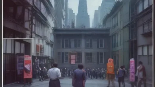A vivid digital painting depicting a historical timeline with iconic scenes of economic bubbles: 1989 Tokyo with people waving money, 2006 Wall Street with housing boom imagery, a Dutch tulip field from the 17th century, and an early internet server room, all blending into a visually rich collage.