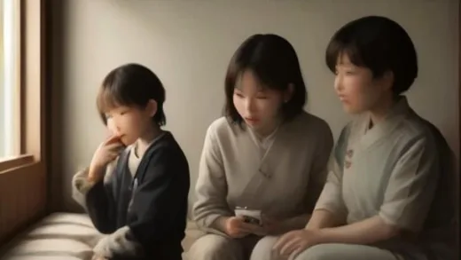 A warm and emotional image depicting various generations, from young to old, watching a meaningful video together on a mobile phone, with elements subtly suggesting Korean independence movement and modern technology.