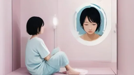 A warm friendly Korean health blog illustration of a senior person looking at swollen ankles and puffy face in the morning mirror, with a subtle kidney icon in the corner, soft pastel colors, modern flat vector style, clean white background, mobile-friendly composition