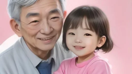 A warm illustration of an elderly Korean man and his grandchild smiling together, with a soft glowing health insight icon floating above them, clean bright pastel colors, friendly healthcare blog style