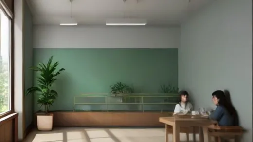 A warm modern wellness clinic interior in Seoul with natural sunlight, people enjoying healthy smoothies and chatting, green plants and minimalist design, cozy inviting atmosphere, photorealistic