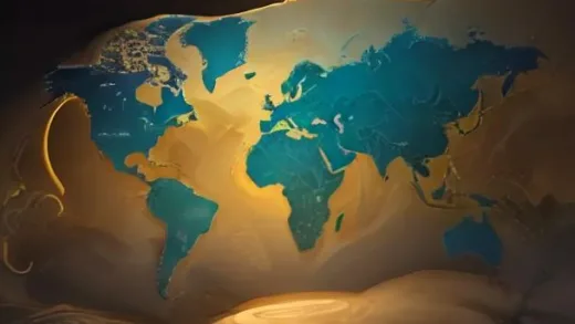 A warm sunrise illustration of a global financial map with glowing connection lines between continents, featuring icons of smartphones, cloud computing, and AI chips, symbolizing global companies growing worldwide, clean modern infographic style, soft gold and blue color palette