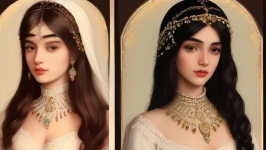 A warm-toned historical illustration collage comparing beauty standards across eras: a Qajar-era Persian princess with a round moon face and connected eyebrows, an elegant Louis XIV French nobleman in a white wig with powder and rouge, and a handsome ancient Greek youth, soft editorial lighting, educational infographic style