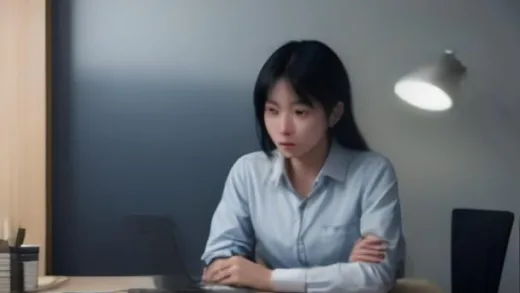 A young Korean job seeker in their 20s sitting at a home desk at dusk, staring at a laptop screen filled with multiple job posting pages all marked '3+ years experience required', a cup of cold coffee, stack of resumes and certificate folders on the desk, soft warm lamp light mixed with blue screen glow, realistic photography, slightly anxious and tired mood, vertical mobile composition