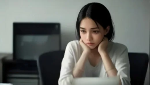 A young person looking stressed while sitting at a desk with a laptop, surrounded by faded hopes and expectations in the background, in a modern office setting. The mood is somber but with a glimmer of introspection.
