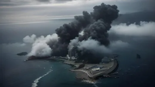 Aerial documentary view of a small South Korean island in the West Sea with a military coastal outpost, thick black smoke rising from multiple artillery impact points near the village and barracks, K9 self-propelled howitzers visible, overcast 2010 atmosphere, cinematic war photography style