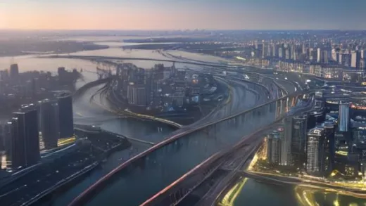 Aerial drone view of the extremely wide Han River about 1km wide flowing through Seoul at golden hour, modern city skyline, long bridges, riverside parks, misty atmosphere, photorealistic, cinematic lighting
