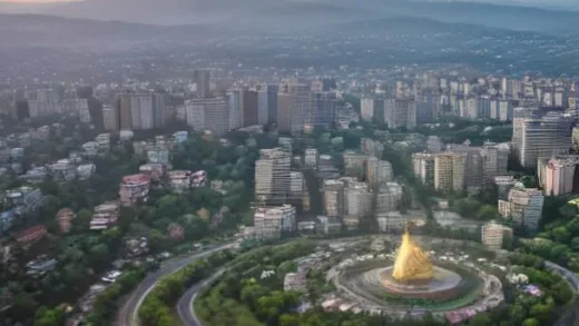 Aerial panoramic view of Kigali, Rwanda at golden hour, modern city buildings nestled among lush green hills, memorial flame monument in foreground, hopeful sunrise atmosphere, photorealistic drone photography