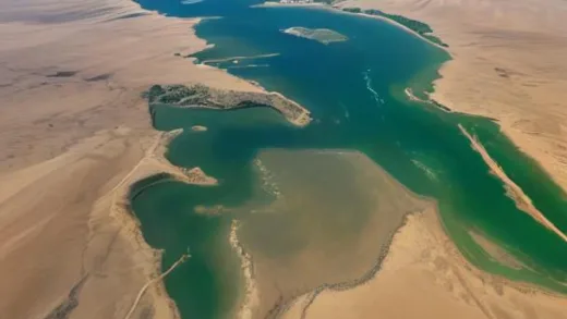 Aerial satellite view of Egypt showing the narrow green Nile River valley and delta contrasting sharply with vast golden Sahara desert, the western desert region highlighted for new development, ultra-detailed realistic satellite photography style