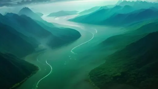 Aerial satellite view of the Amazon River winding like a giant blue snake through dense emerald green rainforest, thick mist rising, golden sunlight breaking through clouds, vast jungle stretching to the horizon, ultra realistic cinematic style
