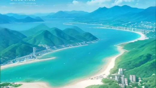 Aerial travel illustration of Sokcho South Korea summer, where the turquoise East Sea meets the green foothills of Seoraksan mountain, white sandy beach, harbor, city blocks, clear sunny sky, vibrant travel poster style