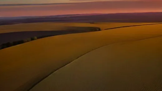 Aerial view of a vast golden wheat field at sunrise with a small fixed-wing agricultural drone flying above, scanning crops with a multispectral camera, clean agricultural technology concept, cinematic lighting