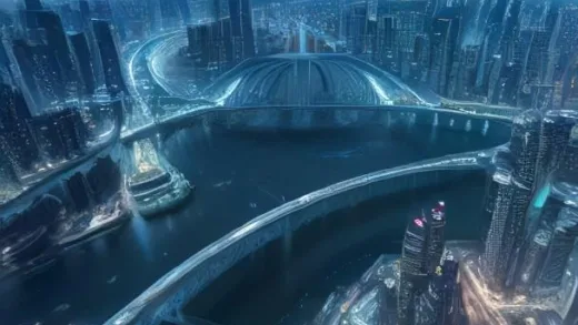 An aerial shot of a futuristic mega-city blending diverse architectural styles, with high-speed trains and bridges connecting different urban areas, symbolizing the integration of 11 cities. The scene is vibrant and dynamic, showcasing advanced infrastructure and economic activity.