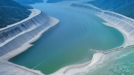 An aerial view of a massive dam being constructed across a wide bay, with one side showing the vast ocean and the other side gradually transforming into a large freshwater lake, under a clear sky in India, 2026.