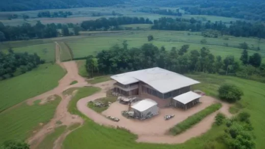 An aerial view of a small rural hospital in Rwanda, a drone flying above with a package attached to a small parachute descending towards the hospital. The scene is bright and hopeful, showcasing advanced technology in a challenging environment.