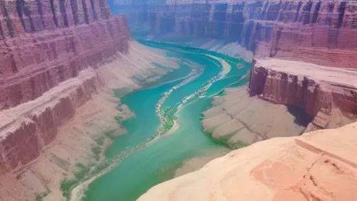 An aerial view of Supai Village nestled deep within the Grand Canyon, showcasing its extreme isolation with no roads visible. In the foreground, a line of mules carrying packages descends a winding trail, representing the unique mule mail system. The village is small, with scattered traditional homes.