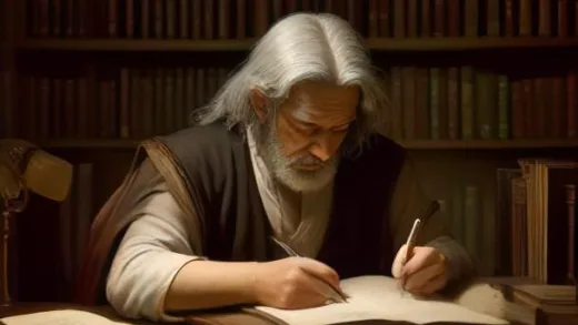 An ancient Greek scholar pondering over papyrus scrolls, with a quill and ink, in a dimly lit library. The scholar has a thoughtful expression, surrounded by old texts.
