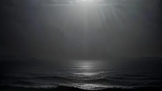 An eerie underwater scene showing the vastness of the ocean floor, with ghostly silhouettes of countless shipwrecks scattered in the distance, emphasizing the mystery and scale of maritime disasters. A faint light filters from above.