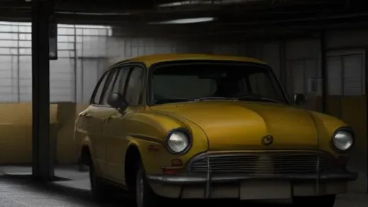 An elderly taxi driver looking thoughtfully at an empty taxi in a large, silent taxi garage. The scene is slightly desaturated, emphasizing the quiet and stillness.