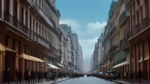 An elegant and bustling early 20th-century street in Buenos Aires, reminiscent of Paris, with well-dressed people, luxury shops, and grand European-style architecture, suggesting immense wealth.