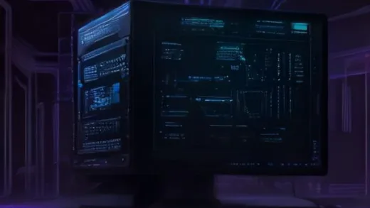An intricate illustration of a computer's Von Neumann architecture, showing a fast processor waiting for data from a slower memory, with a clear bottleneck symbol. Futuristic, digital art style.