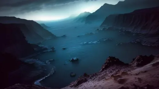 Ancient Earth 3.8 billion years ago, orange hazy primordial sky, volcanic landscape, deep dark oceans rich in dissolved iron, no blue sky, primitive single-celled organisms floating in water, dramatic prehistoric atmosphere, cinematic wide shot