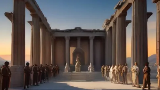 Ancient Greek oath ceremony with dozens of armored warrior kings standing around a slain white horse on a stone altar under a dramatic Mediterranean sunset, marble columns and olive trees in the background, epic cinematic wide shot, historical fantasy illustration, rich golden and deep blue color palette