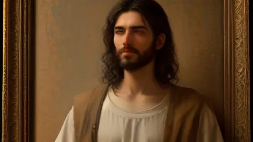 Ancient Near Eastern portrait of a young beardless Jesus with short curly hair wearing a simple first-century Galilean tunic, warm olive-toned lighting, renaissance oil painting style blended with historical realism, soft desert background, contemplative expression