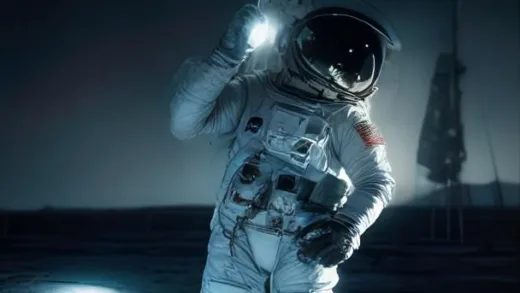 Astronaut in a white spacesuit standing on the gray sunlit lunar surface with an American flag, pitch black sky completely devoid of stars, retro 1960s Apollo mission aesthetic, photorealistic, strong contrast between bright moon surface and black space