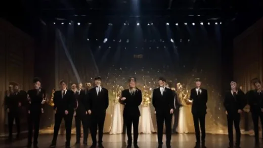 BTS members standing on a grand awards ceremony stage holding a golden Grammy trophy, dramatic spotlights, elegant black suits, golden confetti falling, cinematic wide shot, photorealistic quality