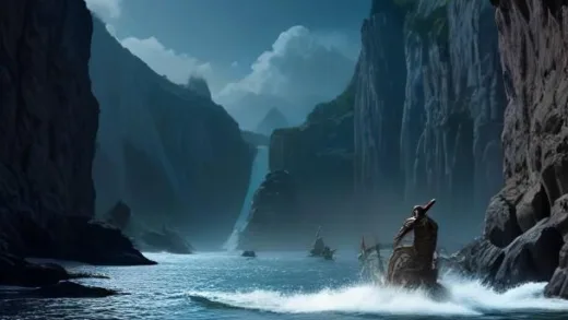 Cinematic comparison scene of giant Laestrygonians in full bronze armor hurling boulder-sized rocks at ancient Greek ships trapped inside a cliff-ringed harbor, one giant king devouring a soldier, another giant using a spear to catch drowning sailors like fish, dark epic movie still style, ultra detailed