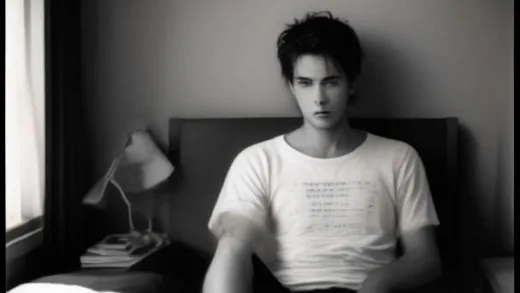 Cinematic film still of a confused man sitting on the edge of a bed in a dimly lit cheap motel room, scattered polaroid photos and handwritten notes on the floor, a vintage TV glowing, film noir black and white aesthetic mixed with subtle color grading, Christopher Nolan style, dramatic shadows, 35mm film grain