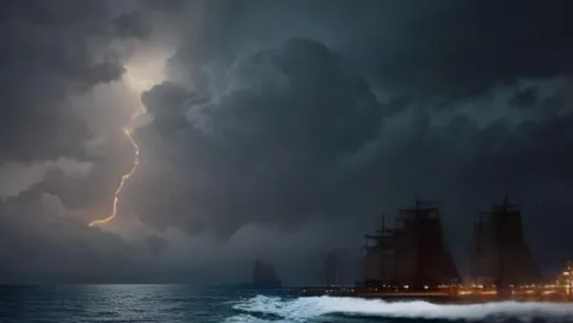 Cinematic movie still of a majestic bronze-age Greek king Agamemnon in golden armor standing before a massive fleet of warships, dramatic stormy sky, epic scale, Troy visible in the distance, Hollywood blockbuster style, warm rim lighting