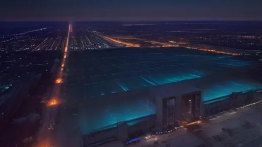 Cinematic wide aerial shot of a massive futuristic AI data center campus at dusk, rows of glowing server buildings with electric blue lights stretching to the horizon, a rocket launching in the distant sky leaving a bright trail, dramatic orange and teal color grading, ultra-detailed photorealistic digital art, 8k resolution