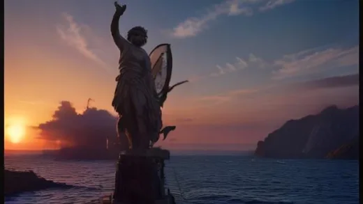 Cinematic wide shot of a heroic Greek warrior Odysseus standing on the prow of an ancient wooden ship at golden sunset, dramatic Mediterranean sea, epic movie poster style with Nolan aesthetic, photorealistic, warm cinematic color grading