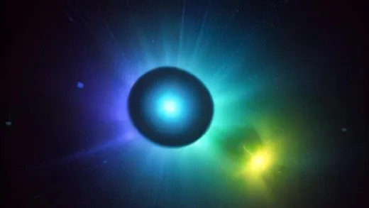 Conceptual image of antimatter and matter particles, with opposite charges, in a scientific diagram style.