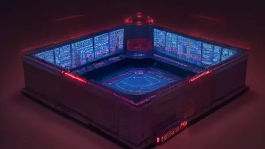Dramatic 3D stock market illustration showing falling red candlestick charts with Samsung Electronics and SK Hynix company logos in the background, while a massive glowing Chinese semiconductor factory with a rising arrow appears on the horizon, cinematic dark blue and red lighting, financial news editorial style