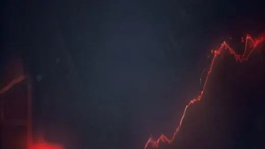 Dramatic digital illustration of a Korean stock market chart crashing downward with glowing red candlesticks and Korean won currency symbols evaporating into fine particles, dark navy background, cinematic lighting, financial crisis atmosphere, high detail 3D render