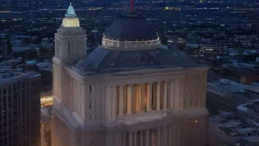 Dramatic financial illustration of the U.S. Treasury building in Washington D.C. at dusk, a large glowing Japanese yen symbol rising above the skyline while fading euro symbols appear in the background, digital currency streams flowing between them, cinematic lighting, high detail, editorial news style.