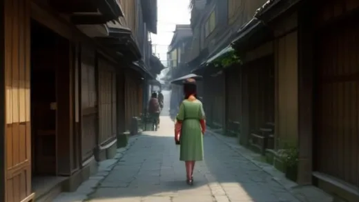 Edo period Japanese street at dawn, a young woman vegetable seller carrying a woven basket full of radishes and green vegetables on her shoulder, walking through narrow alley lanes, warm morning sunlight, ukiyo-e inspired watercolor illustration style