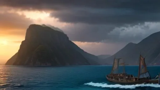 Epic cinematic wide shot of a weathered bronze age wooden ship sailing toward a small Greek island village at golden hour, dramatic storm clouds gathering, ancient Mediterranean coastline, ultra realistic movie still, 8k detail