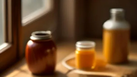 Fresh garlic cloves and a small jar of honey on a rustic wooden table with warm morning sunlight, healthy food photography, shallow depth of field, cozy Korean kitchen atmosphere