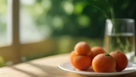 Fresh ripe peaches on a wooden table next to a blood glucose meter and a glass of water, bright summer morning sunlight, photorealistic food photography, shallow depth of field, vibrant colors