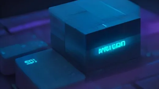 Futuristic 3D render of AI memory modules: stacked DRAM cubes labeled HBM transforming into larger stacked NAND flash blocks labeled HBF beside a glowing GPU processor, luminous data streams flowing between them, dark navy tech background with cyan and magenta neon accents, ultra detailed, cinematic lighting, 8k concept art