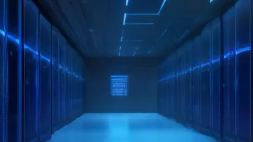 Futuristic AI data center interior with rows of ultra-dense server racks glowing with blue lights, a large holographic display showing power consumption graphs and a bright 800V voltage indicator, cinematic lighting, ultra detailed, 8k resolution