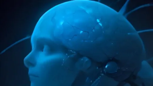 Futuristic brain-computer interface concept art, glowing human brain with microscopic electrode threads connecting to a robotic arm and digital interface, neural network light patterns, dark blue and cyan color scheme, high-tech medical laboratory setting, ultra detailed 3D render
