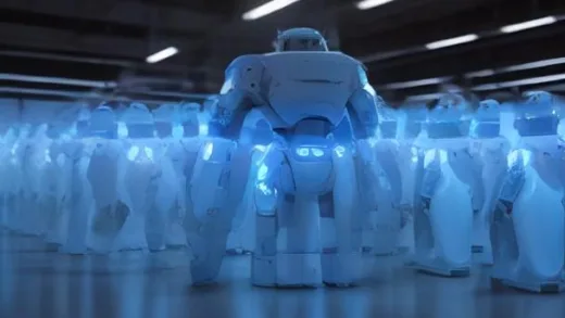 Futuristic Chinese humanoid robot production line with rows of G1 robots standing in formation inside a high-tech Shenzhen factory, cinematic wide angle shot, photorealistic, cool blue and white lighting