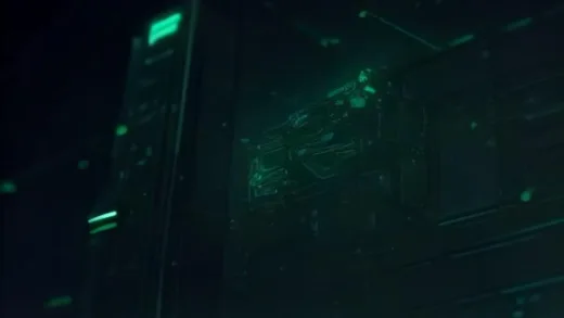 Futuristic fintech 3D illustration of a glowing green GPU chip transforming into a network of financial flow lines connecting elegant bank skyscrapers and a vast data center, dark navy background with circuit board traces and floating dollar symbols, cinematic golden rim lighting, high detail, 16:9 composition
