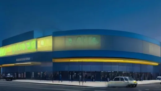 Futuristic Walmart supercenter exterior at dusk with a giant digital Nasdaq ticker and holographic AI shopping data projections, glowing blue and yellow neon accents, autonomous delivery robots in the parking lot, cinematic wide angle, photorealistic, high detail